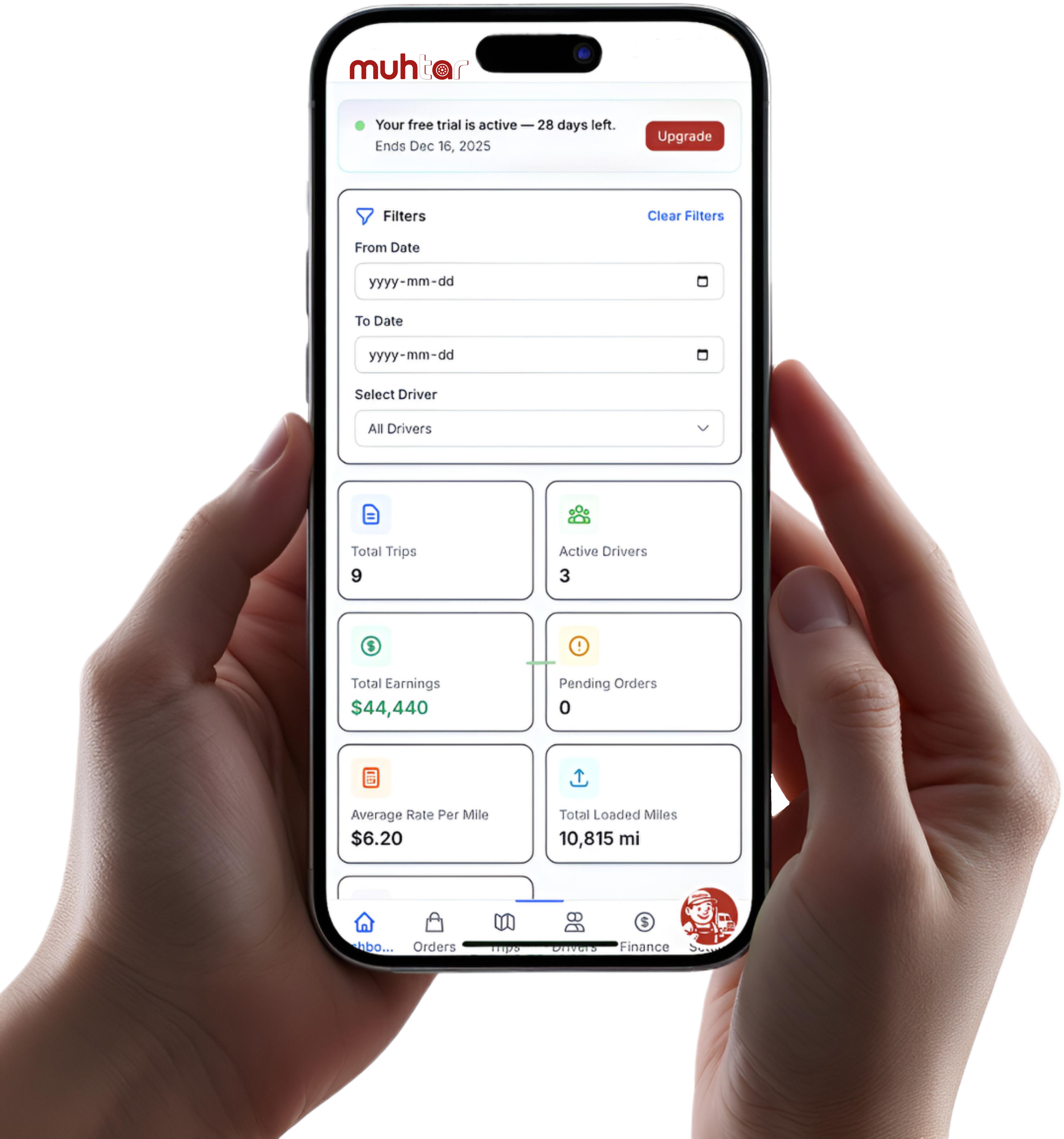 Muhtar logistics dashboard showing $44,440 total earnings, 3 active drivers, and real-time trip tracking on mobile interface